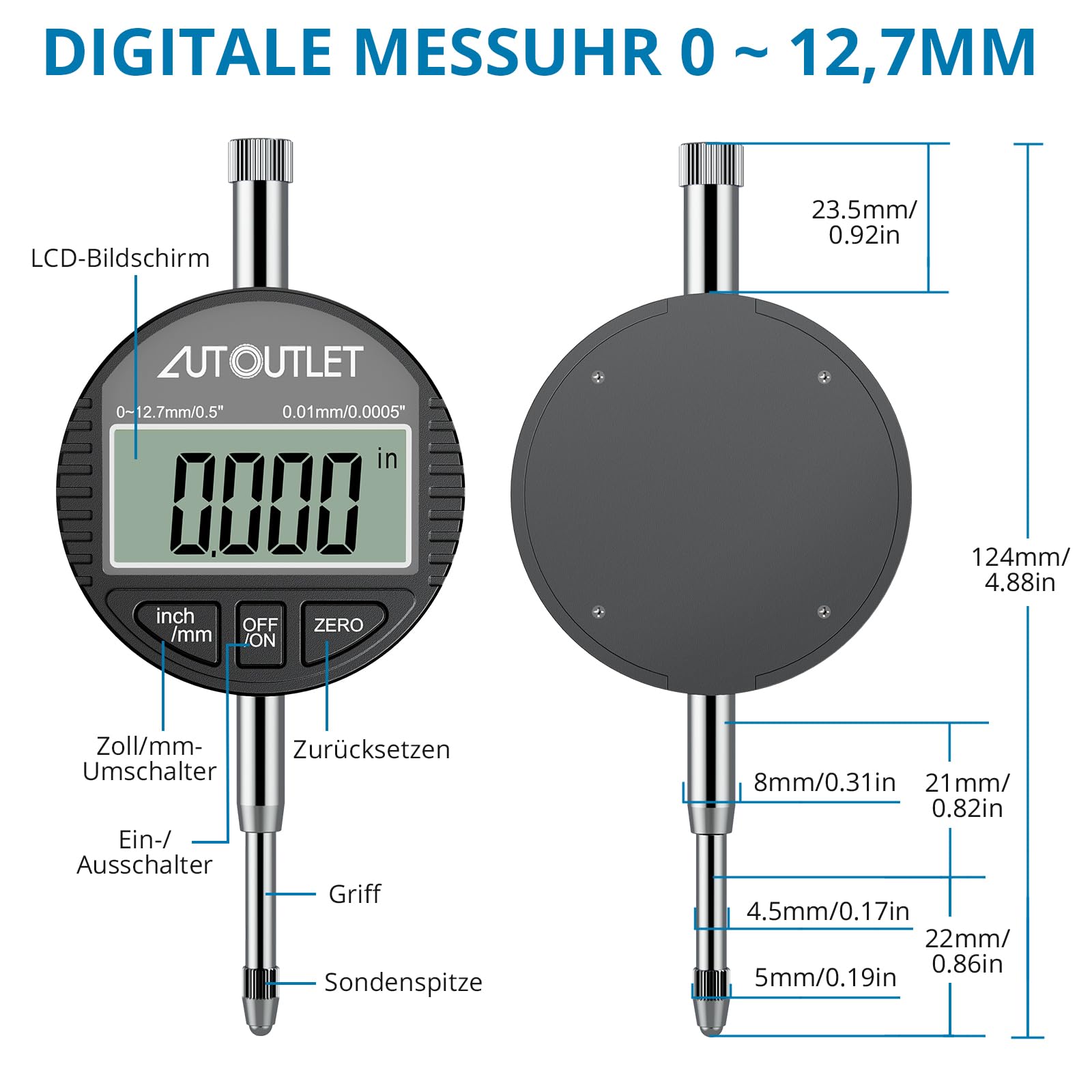 AUTOUTLET Digitales Bohrungsmessgerät Set 18–160mm, mit 23 Sonden & ABS-Box | 0,01mm Genauigkeit, MM/Zoll Anzeige, Robustes Aluminiumlegierung Innenmessgerät bis 150mm Tiefe, Zur Formabweichungsprüfung
