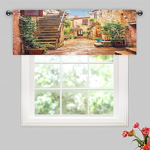 Miniatura 2 de SongYi Cortinas de cocina italianas, cortina de ventana de cenefa, vista de la antigua calle mediterránea de piedra de casas de piedra en Italia