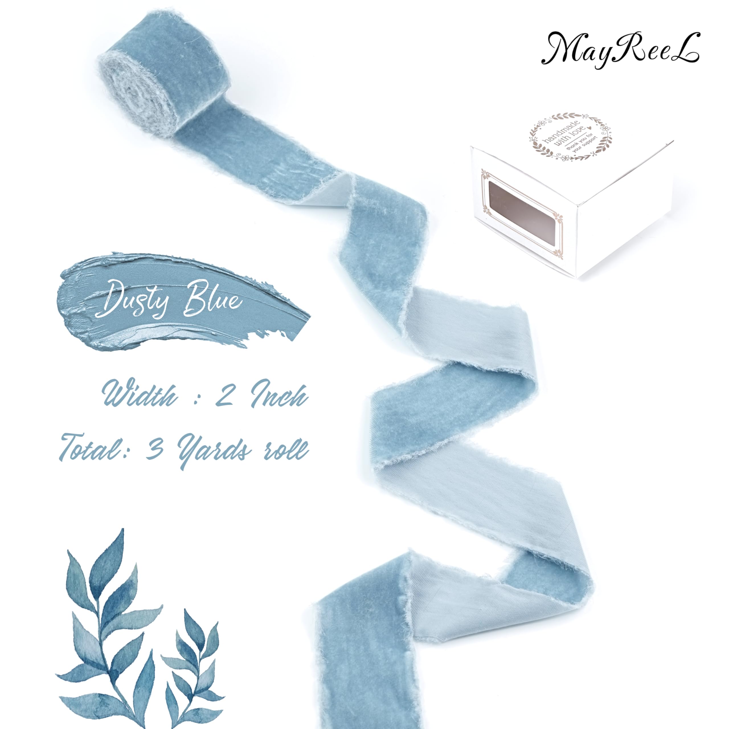 MAYREEL 2 Inch Dusty Blue Velvet Ribbon Hand Torn Slate Blue Silk Frayed Edge for Bridal Bouquets Invitations Wedding Vow Books Gift Baskets Hair Bows 3 Yards