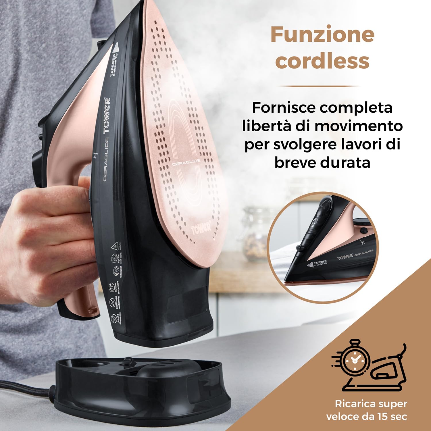 Tower T22008RG Ferro da Stiro a Vapore Senza Fili CeraGlide con Piastra in Ceramica e Funzione Vapore Variabile, Nero e Oro Rosa