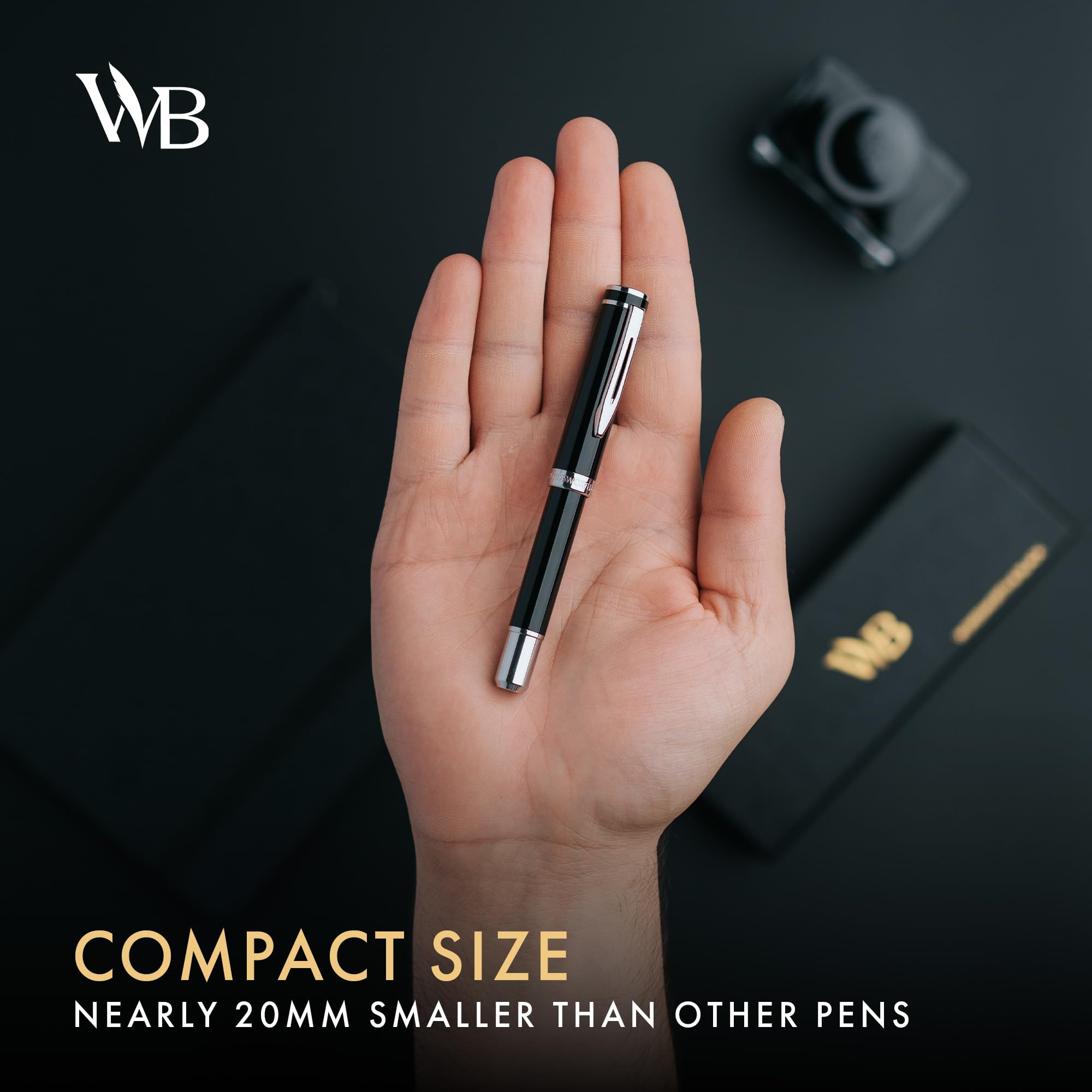 Wordsworth and Black Fountain Pen Mini EDC: Luxury Black Heavy Pocket Pen, Chrome Finish, Medium Nib, 6 Ink Cartridges - Image 3