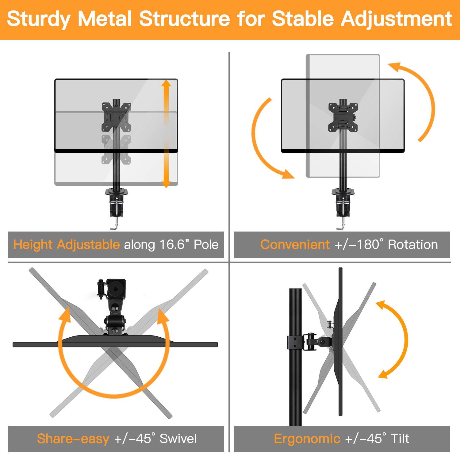 ErGear Monitor Mount for 13-32" Computer Screens, Improved LCD/LED Monitor Riser, Height/Angle Adjustable Single Desk Mount Stand,Holds up to 17.6lbs, Black - EGCM12