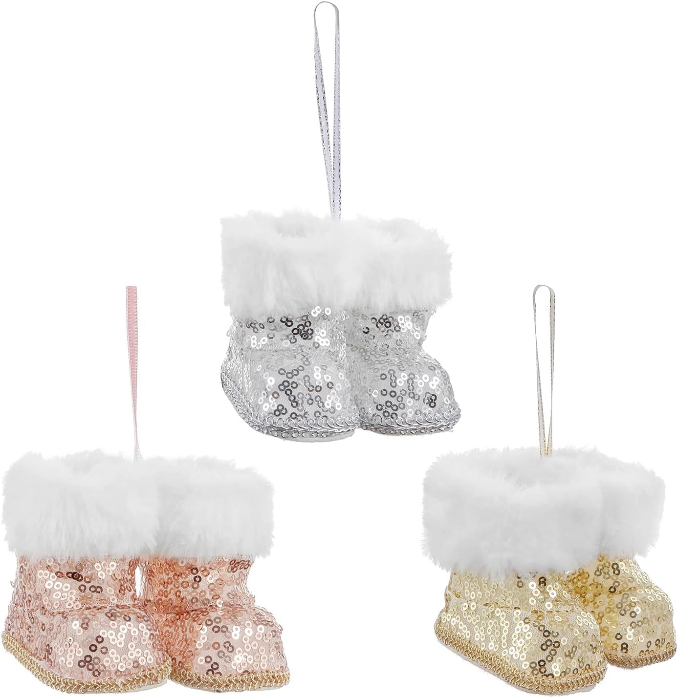 3 Pairs Christmas Tree Hanging Boots, Mini Santa Boots Decorative Hanging Ornaments with Sequins Xmas Tree Pendants DIY Craft Decor