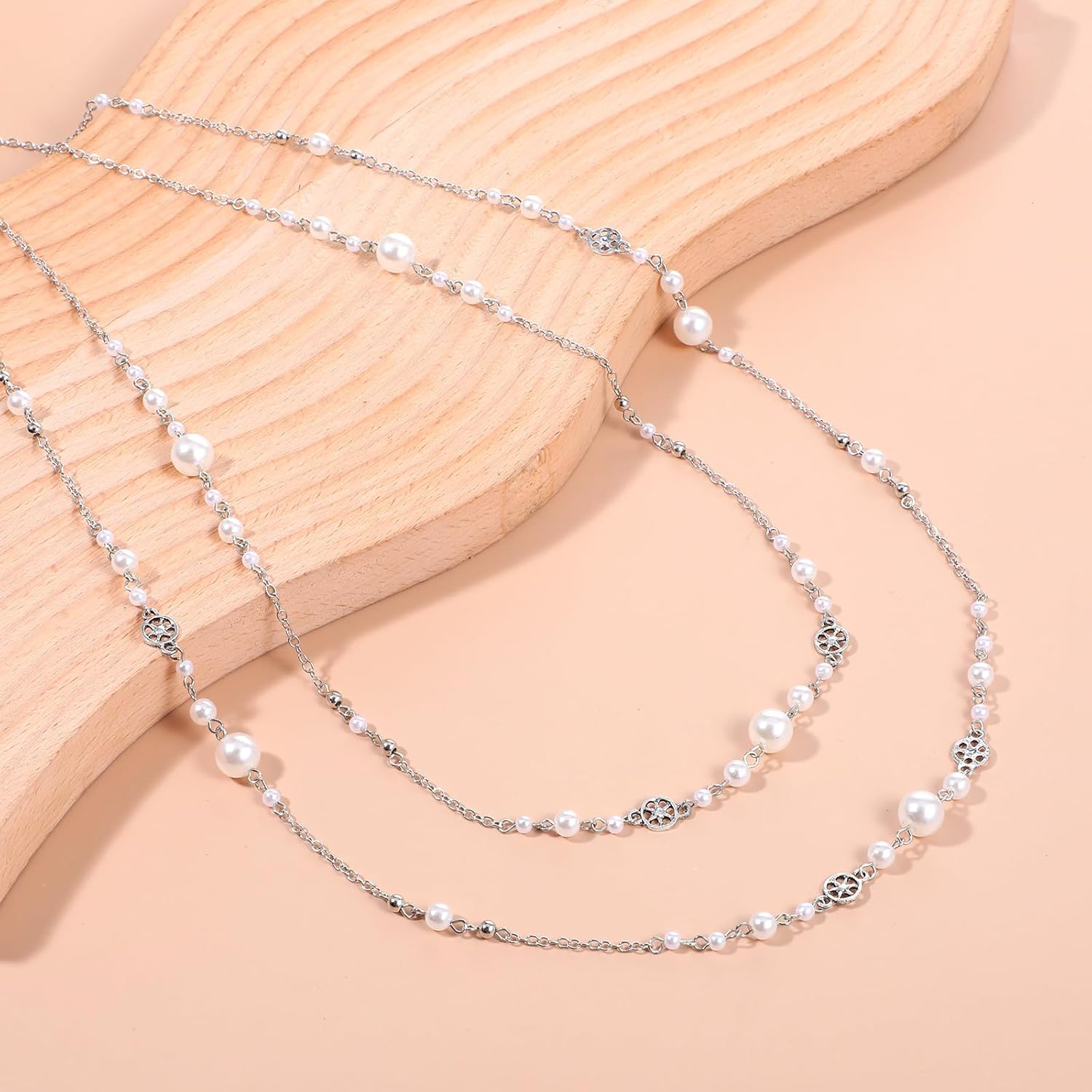 2 Pcs Pearl Long Necklaces for Women Trend Silver Layered Pearl Necklace Precise Long Silver Necklaces for Women Fashion Jewelry Gifts Sweaters Accessories - Image 5