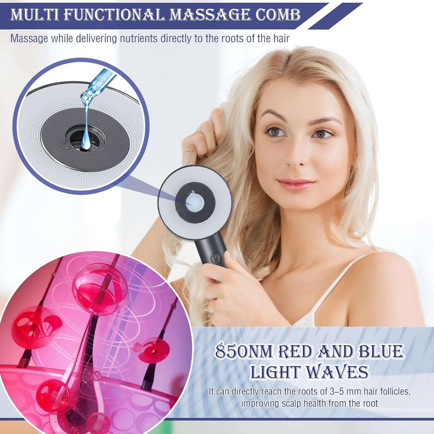 Brosse de massage 2 en 1 pour cuir chevelu et huile capillaire - Brosse électrique pour cuir chevelu - Avec lumière rouge et bleue - Pour la relaxation du cuir chevelu et de la tête
