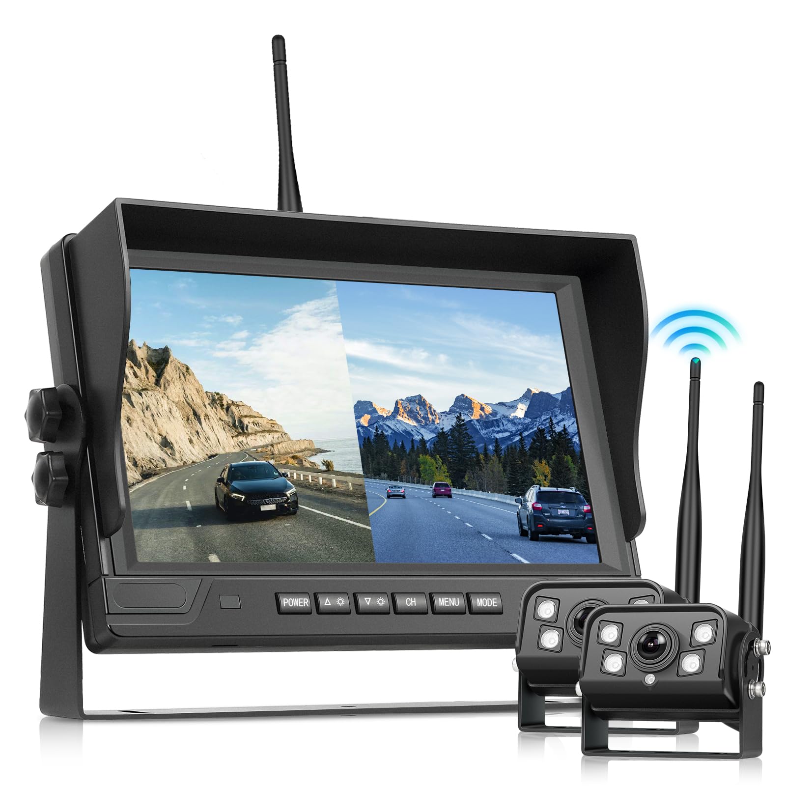 Podofo 2 caméras de recul sans Fil avec écran 9" IPS, caméras de recul HD pour Camion, remorque, Camping-Car, Bus, Enregistrement en Boucle, IP68, étanche BSD Dash Cam