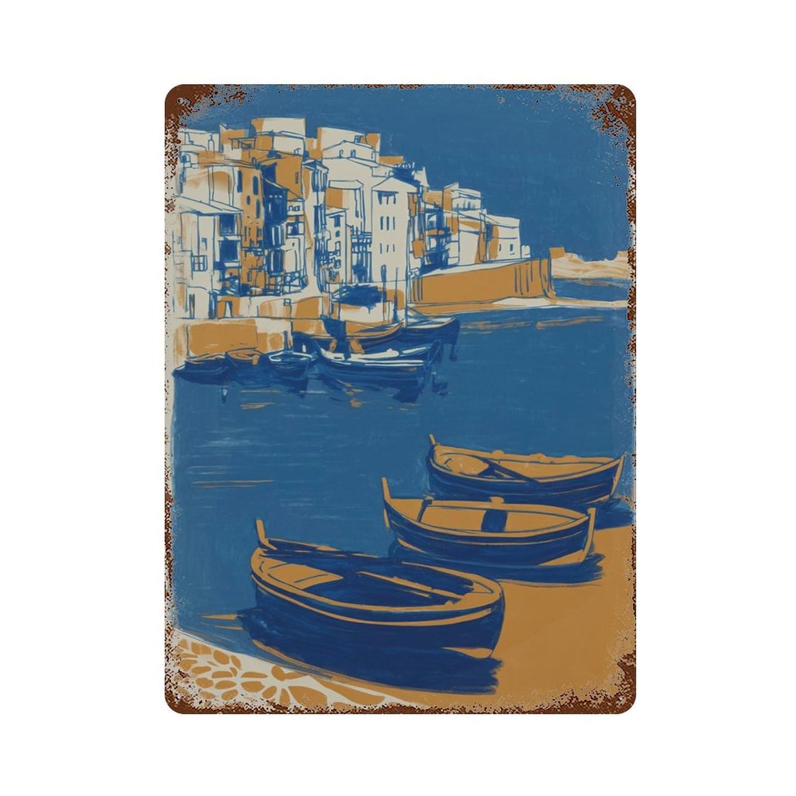 xiaoxiaoshen Coastal Harbour Boats Mediterranean Modern Living Room Or Kitchen Wall Decor Art Metal Tin Poster Modern Home Decor Art Home Bar Shop Decorations Vintage Sign 40x30cm