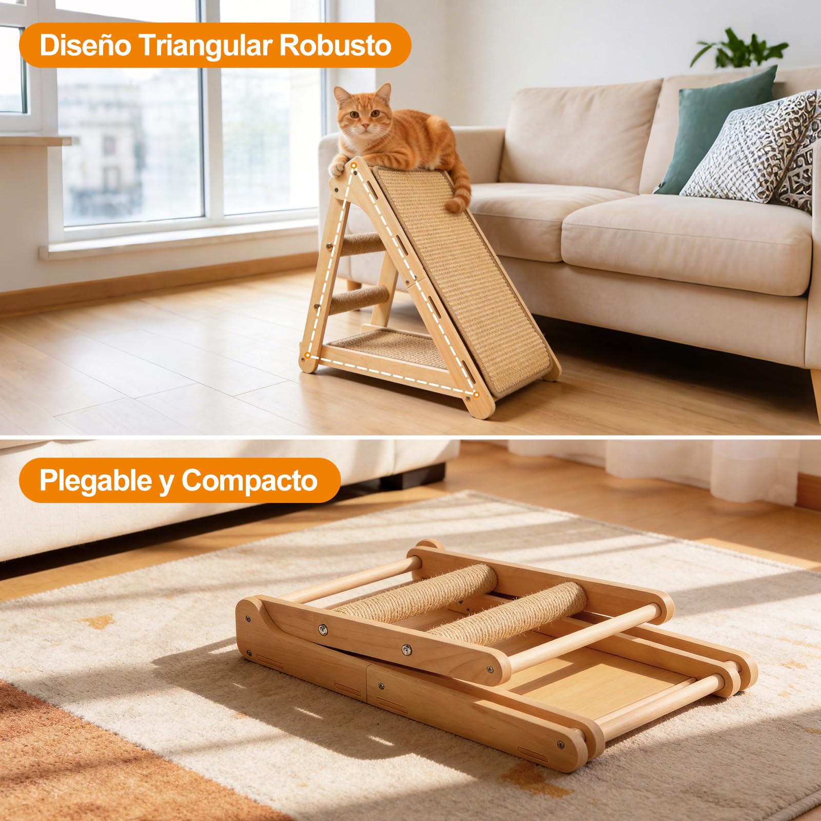 DONWEI Rascador Gatos Triangular Madera Haya Sisal Ahorra Espacio 50CM | Madera maciza, sisal resistente, diseño compacto, rasca y descansa, gatos interior pequeños