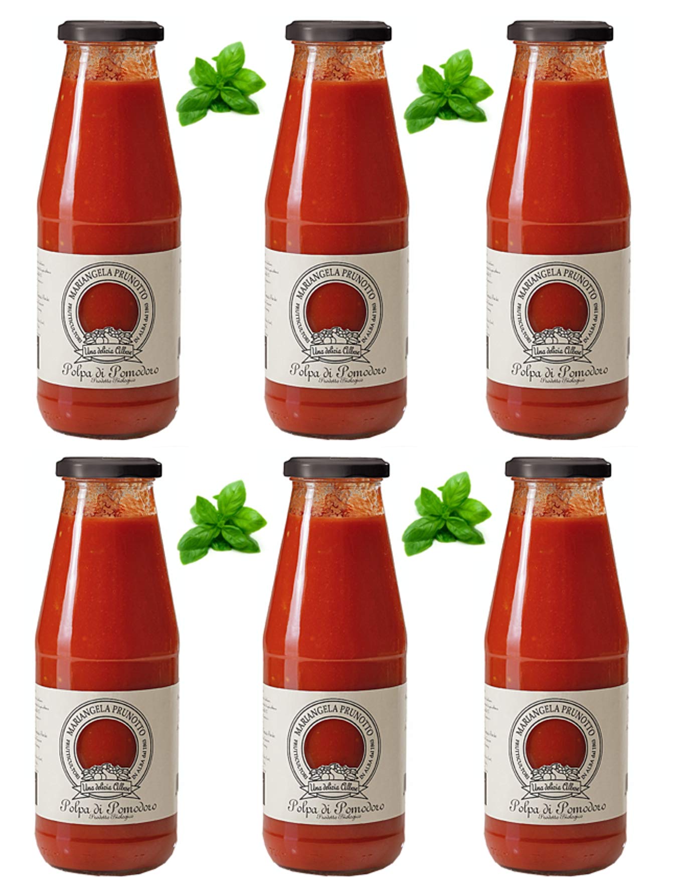 Mariangela Prunotto - Una Delizia Albese - Frutticultori in Alba dal 1863 (MA7JQ) Azienda Agricola - N. 6 Bottiglie Polpa Di Pomodoro Biologica Con Foglia Di Basilico G (6xg), Originale, 690 Grammo
