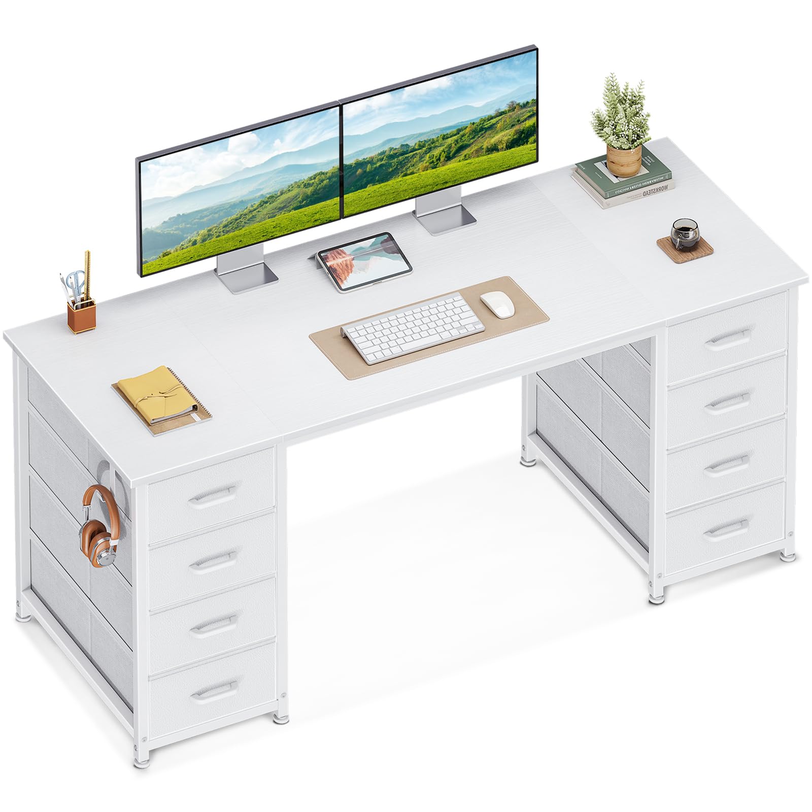 Coleshome Escritorio con 8 Cajones de Tela, 140x48cm Mesa Escritorio de Espacio con Soporte para Auriculares, Escritorio Ordenador Mesa Oficina para Estudio en Casa, Blanco