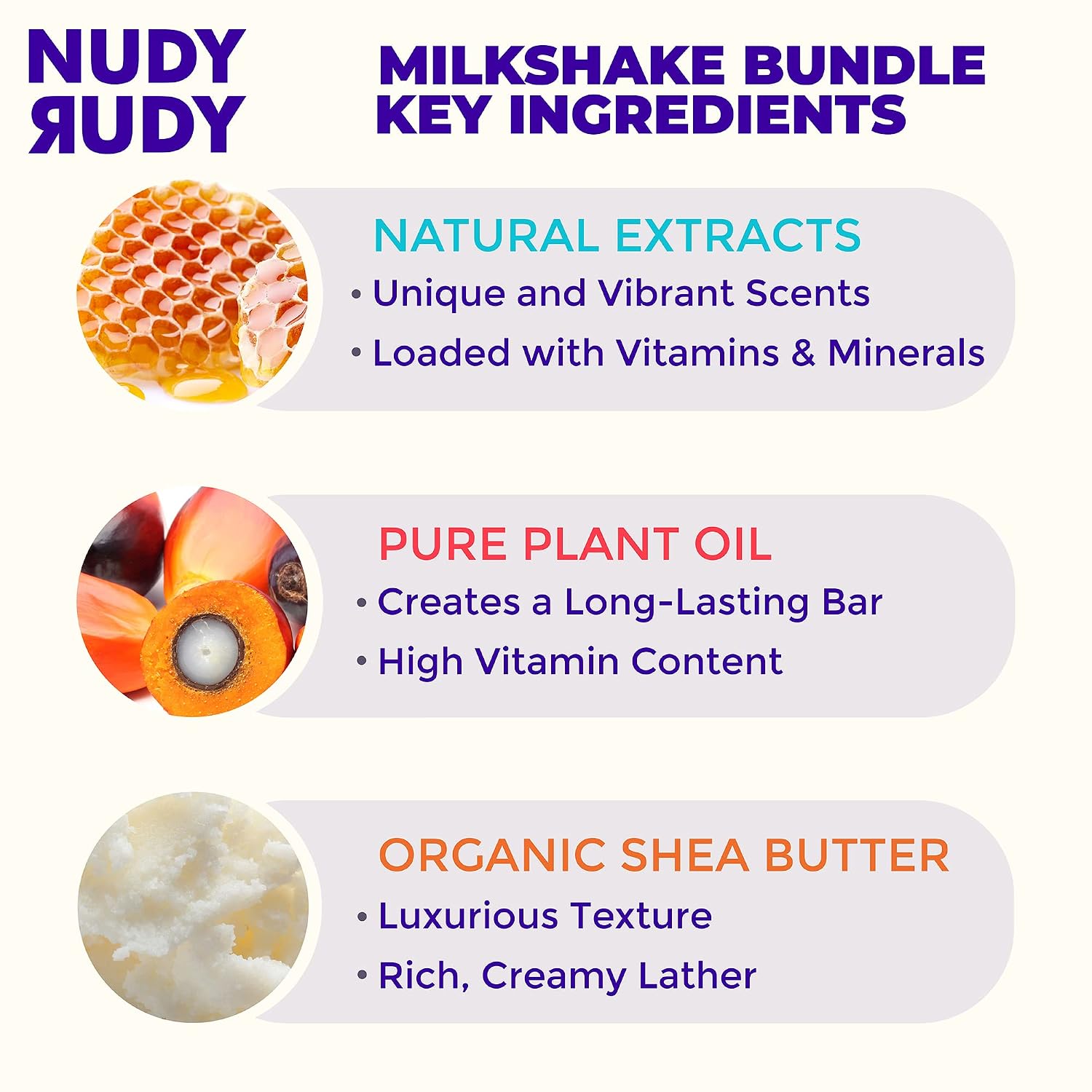 Nudy Rudy Milkshake Bundle Bar Soap Pucks, Includes Milk Bar, Hunny Bunny, Killa Vanilla, Made with Organic Shea Butter, Pure Plant Oils, Triple Milled Bars, All Skin Types, 4.2 oz Each - Pack of 3 image 3