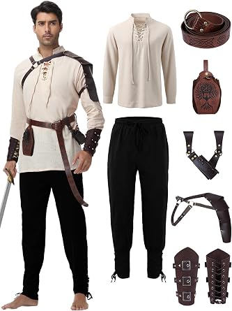 Renaissance Medieval Costume for Men - 8 Pcs Pirate Outfit Set, Halloween Costume with Viking Belt