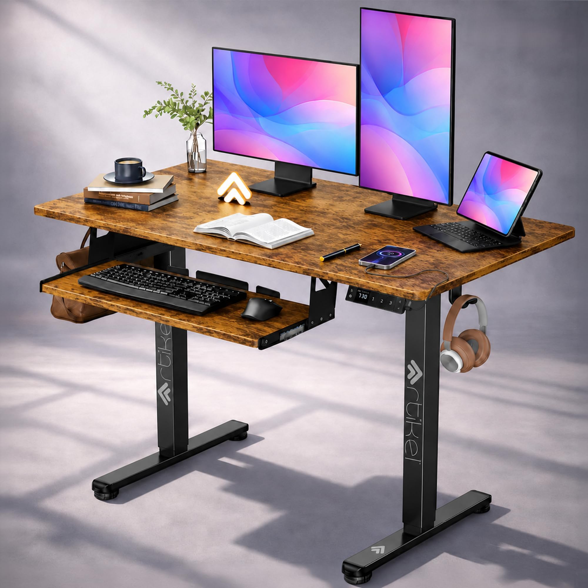 ARTIKEL Artidesk Electric Height Adjustable Table for Office Work with Keyboard Tray | Sit Stand Gaming Desk| 80Kg Wt Lift | 2 Headphone Hook Cable Management, USB Port (Brown, 120x60cm)