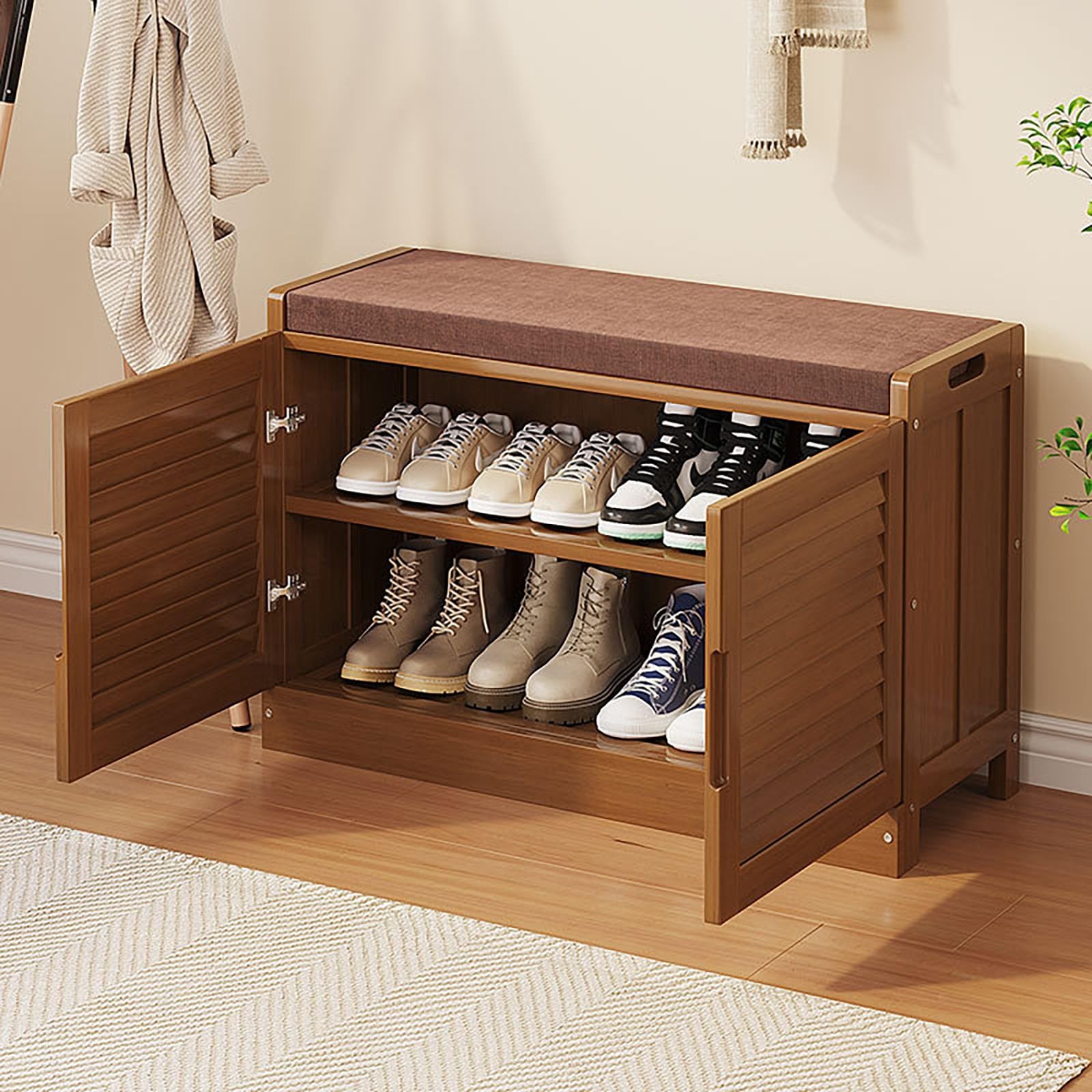 Zapatero otomano de almacenamiento con cojín de 2 niveles para entrada, sala de estar, dormitorio, elegante solución de almacenamiento de zapatos con compartimento oculto