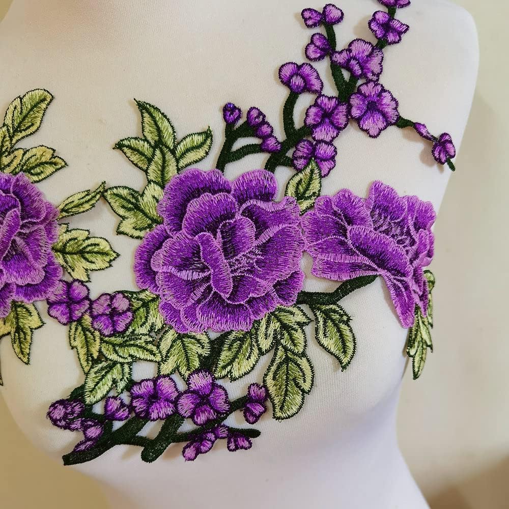 2pcs Flowers Embroidered Patch Sticker for Clothing Jacket Jeans Lace Applique DIY Clothes Decorations Fabric Patches (Violet)