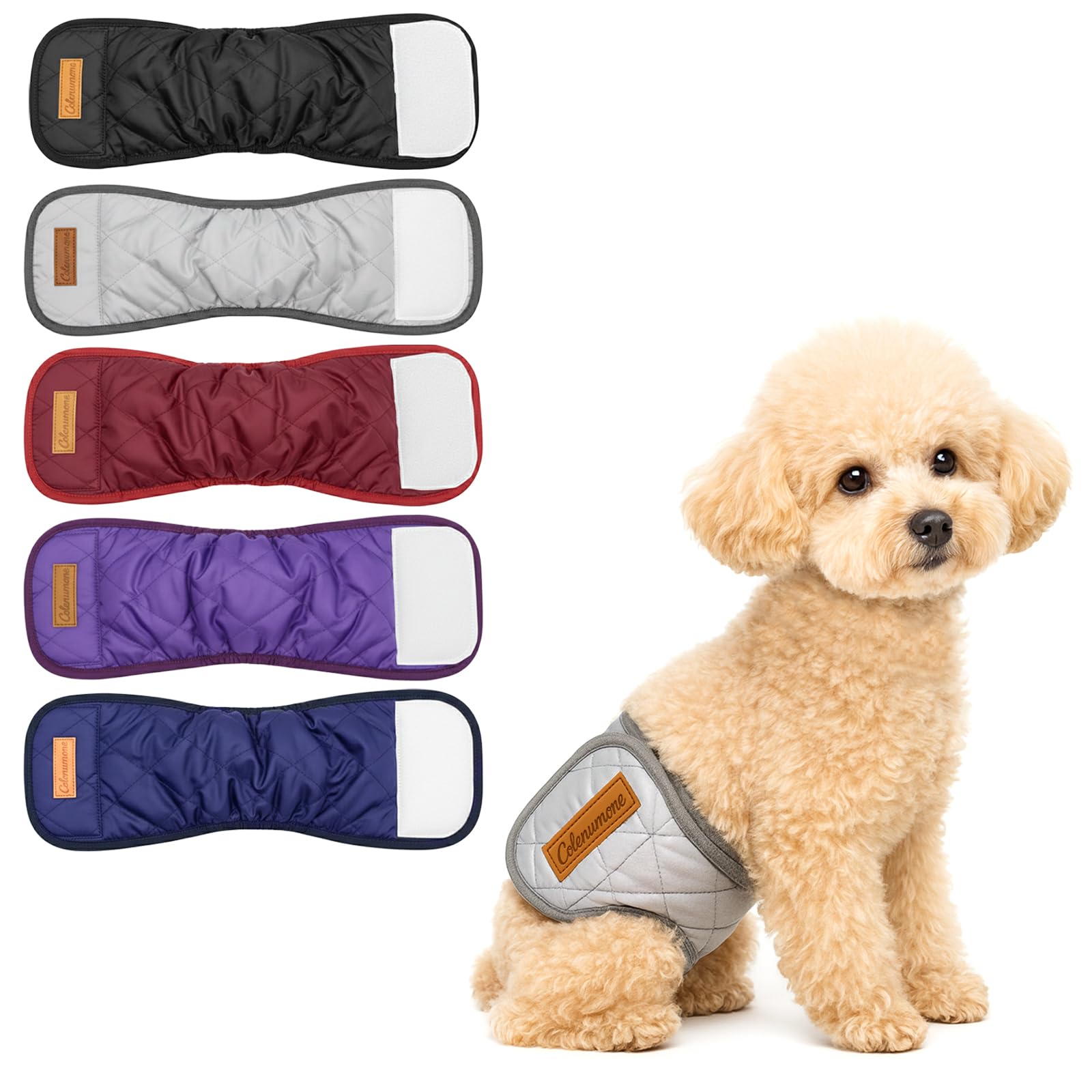 Colenumone 5 Pack Washable Reusable Dog Diaper, Belly Bands for Male Dogs, Quilted Ultra-Absorbent Leak-Proof Wraps for Training & Incontinence, 5 Colors（XL）