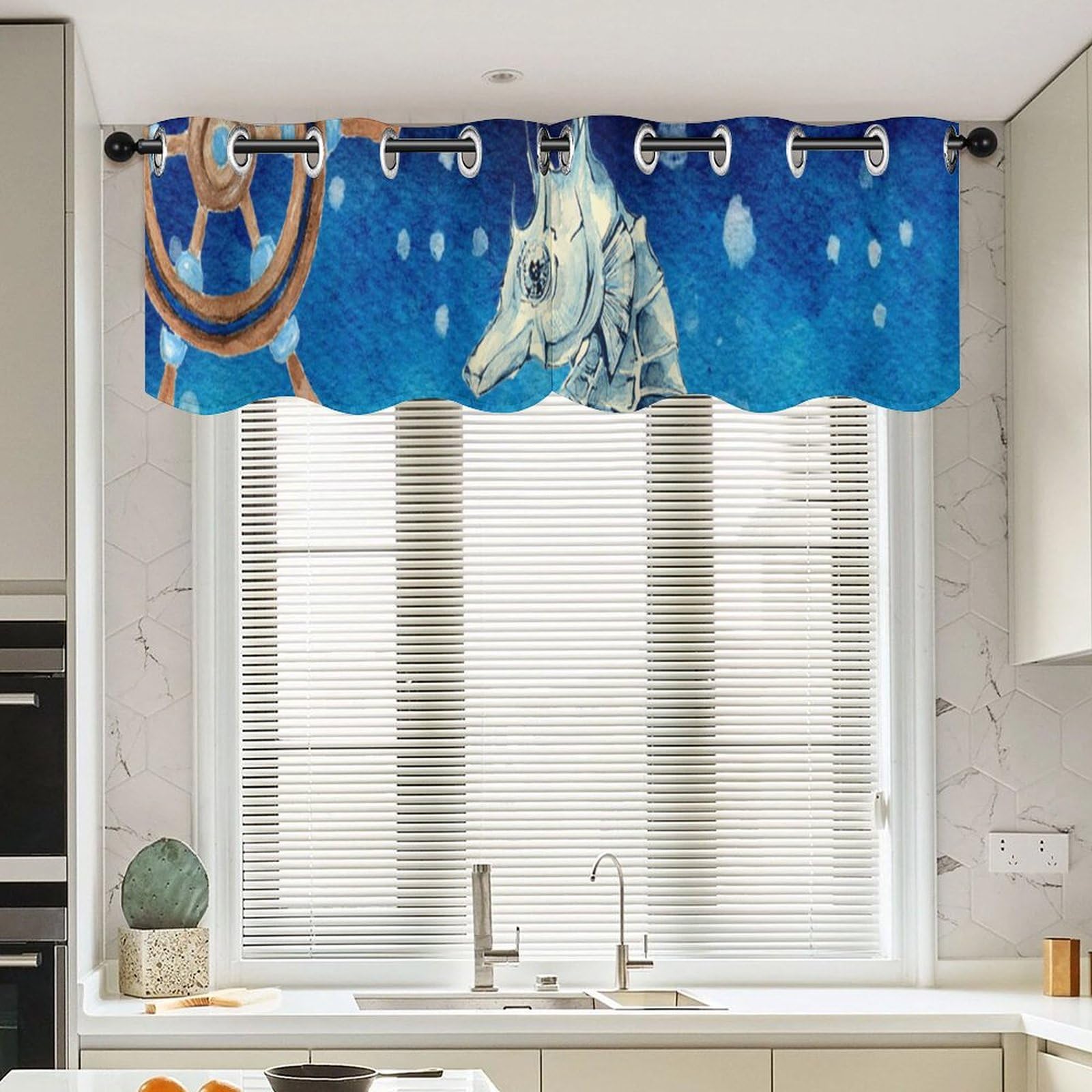 Cenefa de cortina temática oceánica de dos piezas para decorar ventanas rústicas con encanto