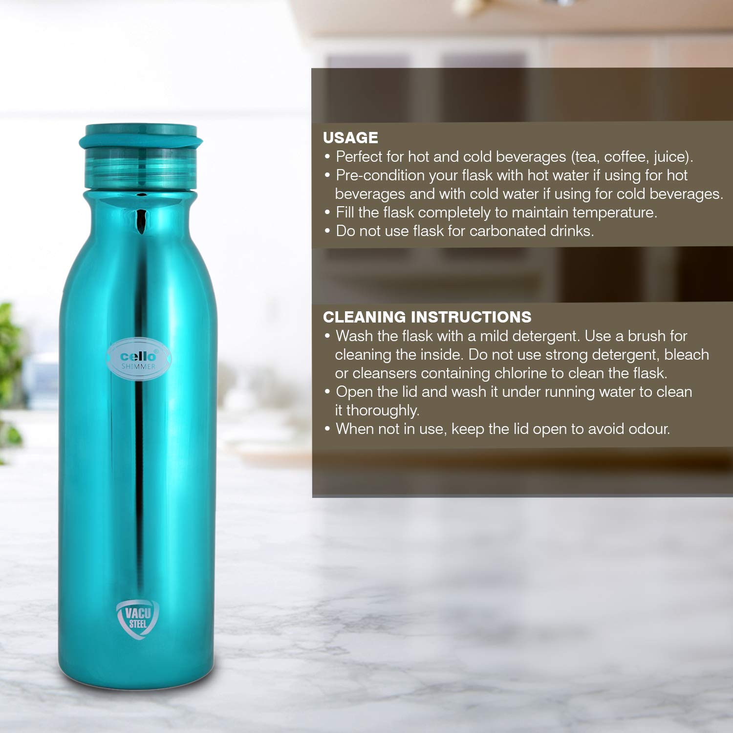 Cello Shimmer Stainless Steel Double Walled Water Bottle | Hot & Cold Water Flask | 600ml | 1 Unit | Blue - Image 9 thumbnail