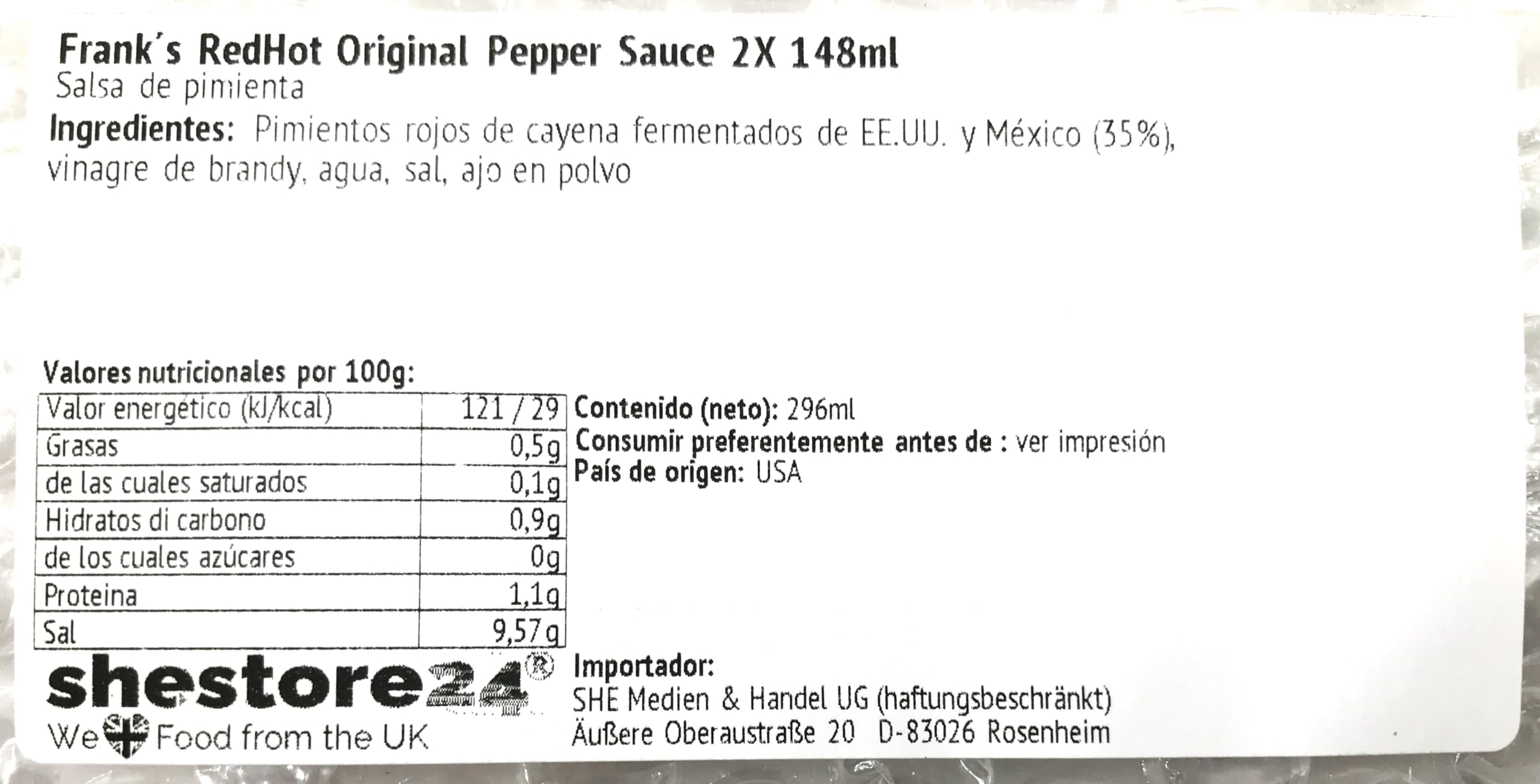 Franks Red Hot Original Pepper Sauce Salsa picante con cayena 2x 148ml