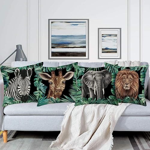 Miniatura 2 de Juego de 4 fundas de almohada de animales tropicales de verano, hojas de palma, león, cebra, elefante, jirafa, fundas de almohada cuadradas de 18 x