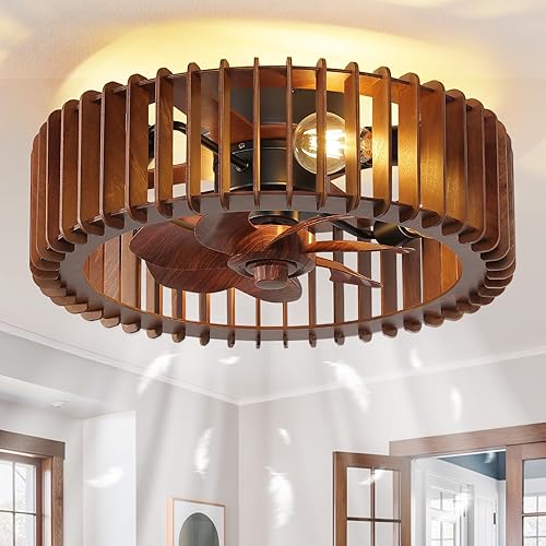 Ventilador de techo enjaulado de montaje empotrado de 20 pulgadas con luz, ventilador de techo de madera de bajo perfil con luz y control remoto, 6