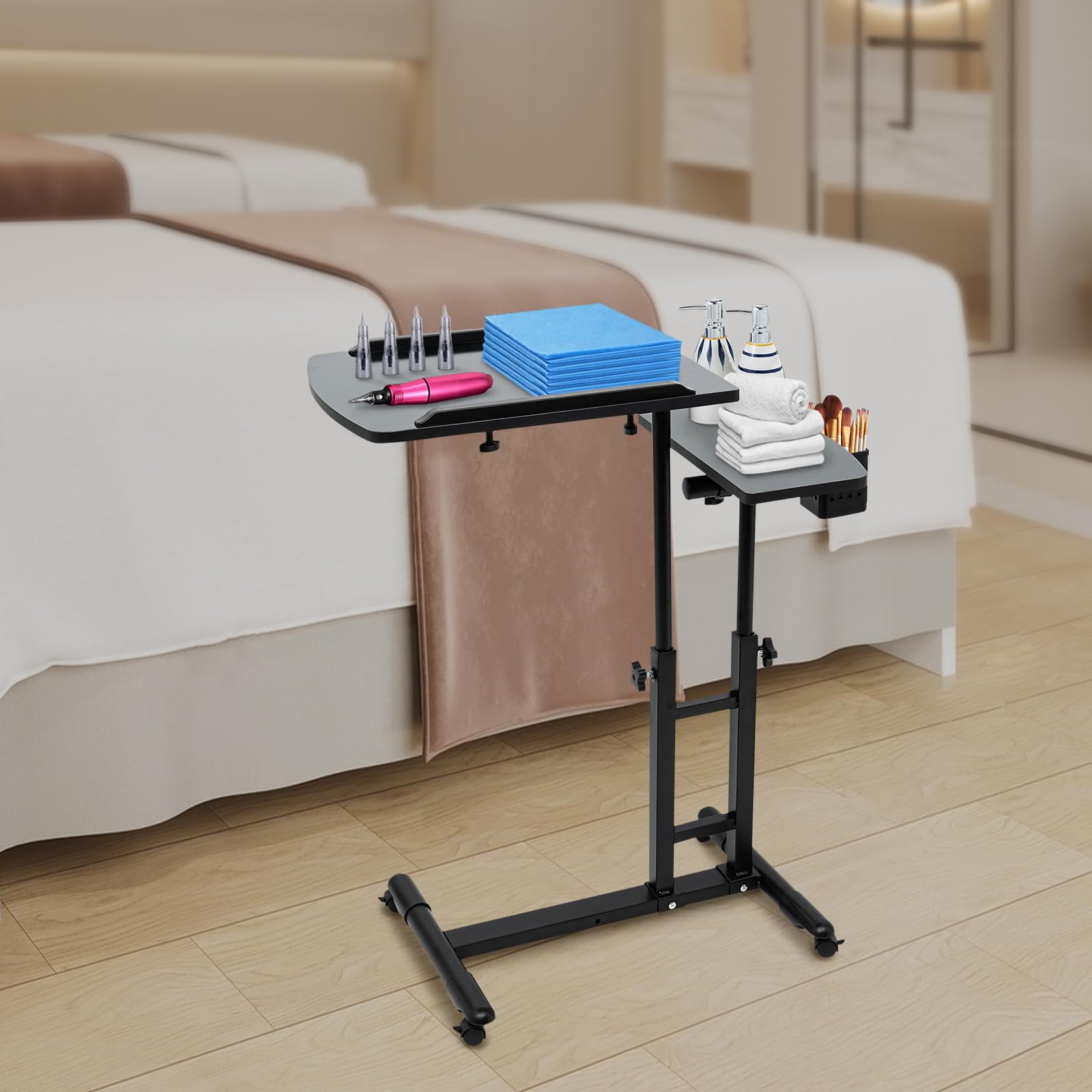 Tattoo Workstation mit Rollen, Höhenverstellbarer Tattoo Tisch 57,5–90cm, Doppelte Werkbank 64x40cm mit Abnehmbarem Stiftrahmen, Mobiler Arbeitstisch für Tattoo Studio & Beauty Salon