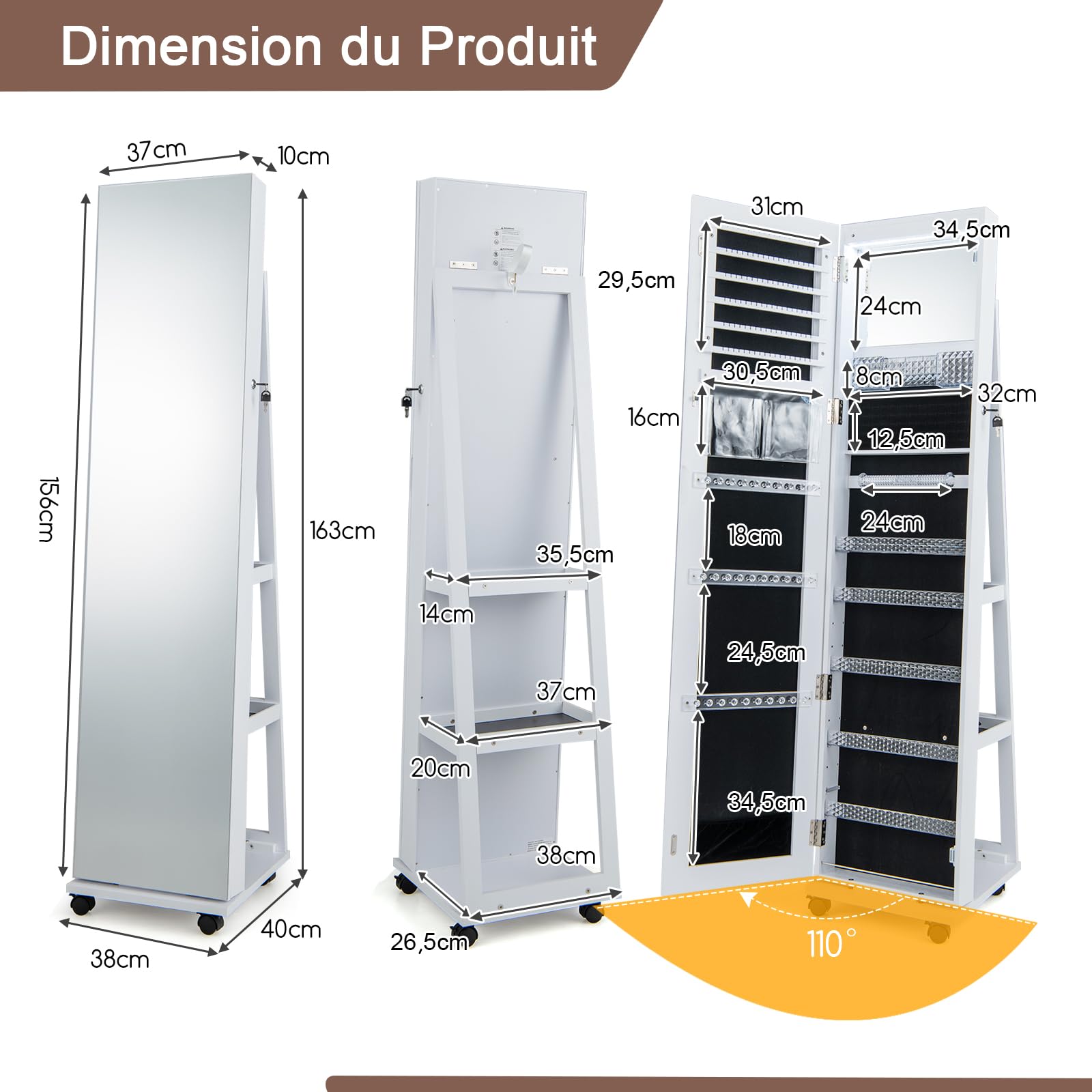 GOPLUS Armoire à Bijoux avec Miroir, Organisateur de Bijoux avec Lumières LED 3 Couleurs, Serrure, Miroir de Courtoisie Intégré, Anti-Basculement, 4 en 1 Armoire à Bijoux sur Pied avec Roues (Blanc)