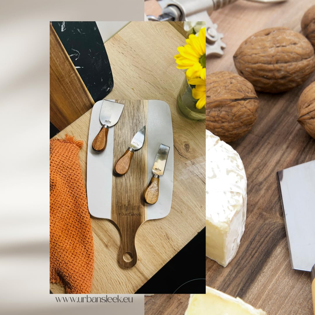 Tabla de Cortar Quesos y Charcutería con Cubiertos, Material: Madera de Acacia Antibacterial, mármol cultivado, Acero Inoxidable. Set Completo en una Caja de Regalo Elegante