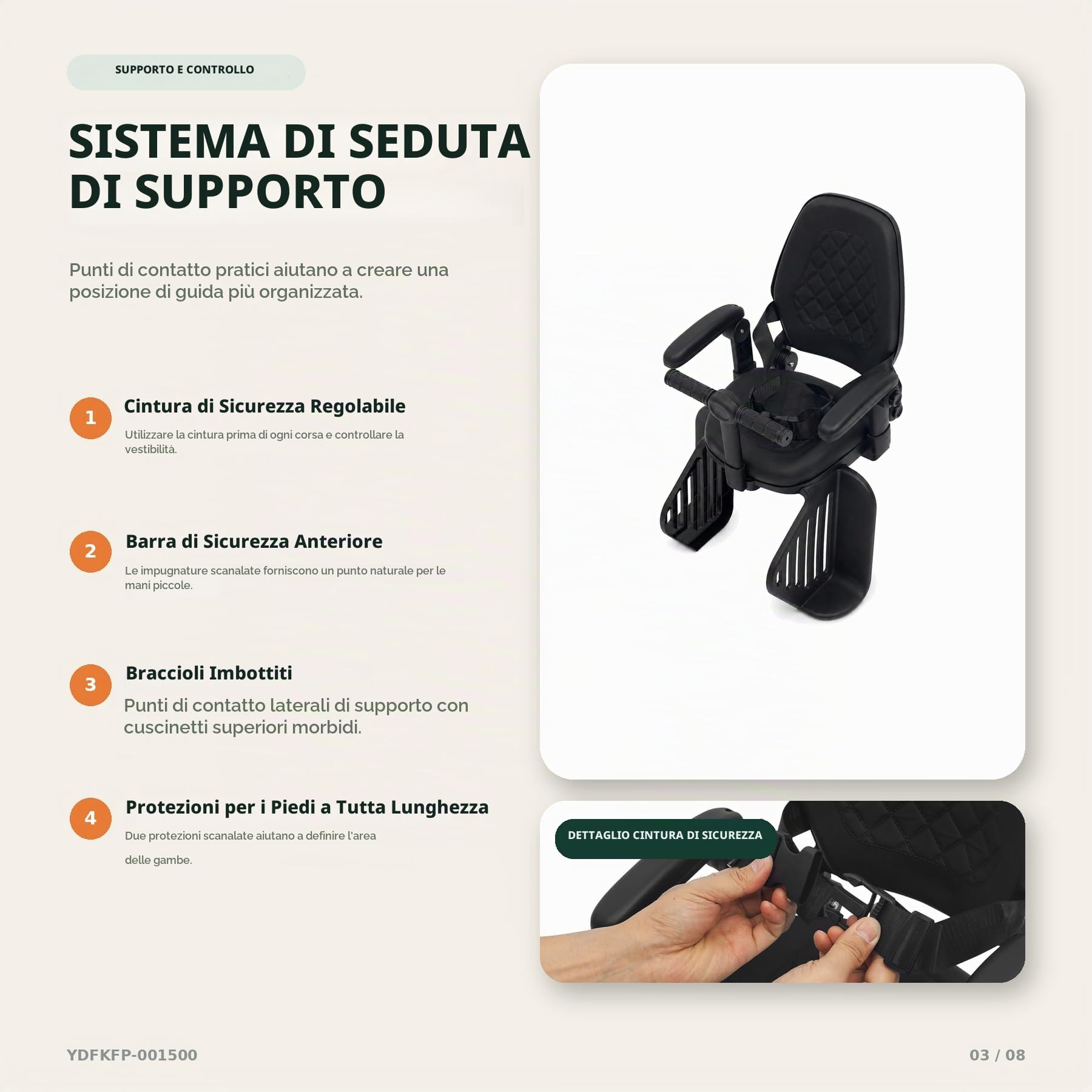 Seggiolino per bicicletta, sedile posteriore per bambini, fino a 50 kg, schienale alto con 3 posizioni, cintura di sicurezza a 5 punti e poggiapiedi, per bambini da 8 mesi a 8 anni