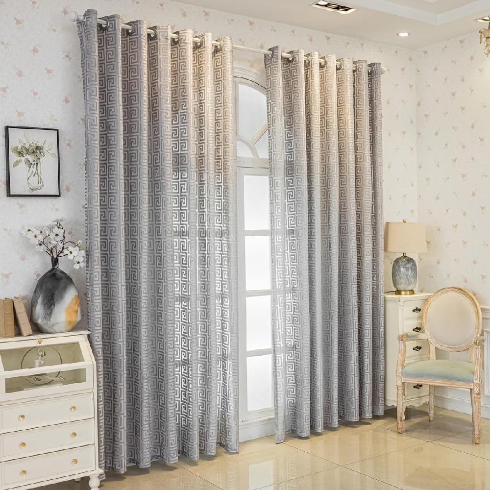 Amidoudou 1 Pair Luxury Geometric Sheer Curtains for Living Room Jacquard Tulle Curtains for Bedroom (Gray,54x102 Inch)