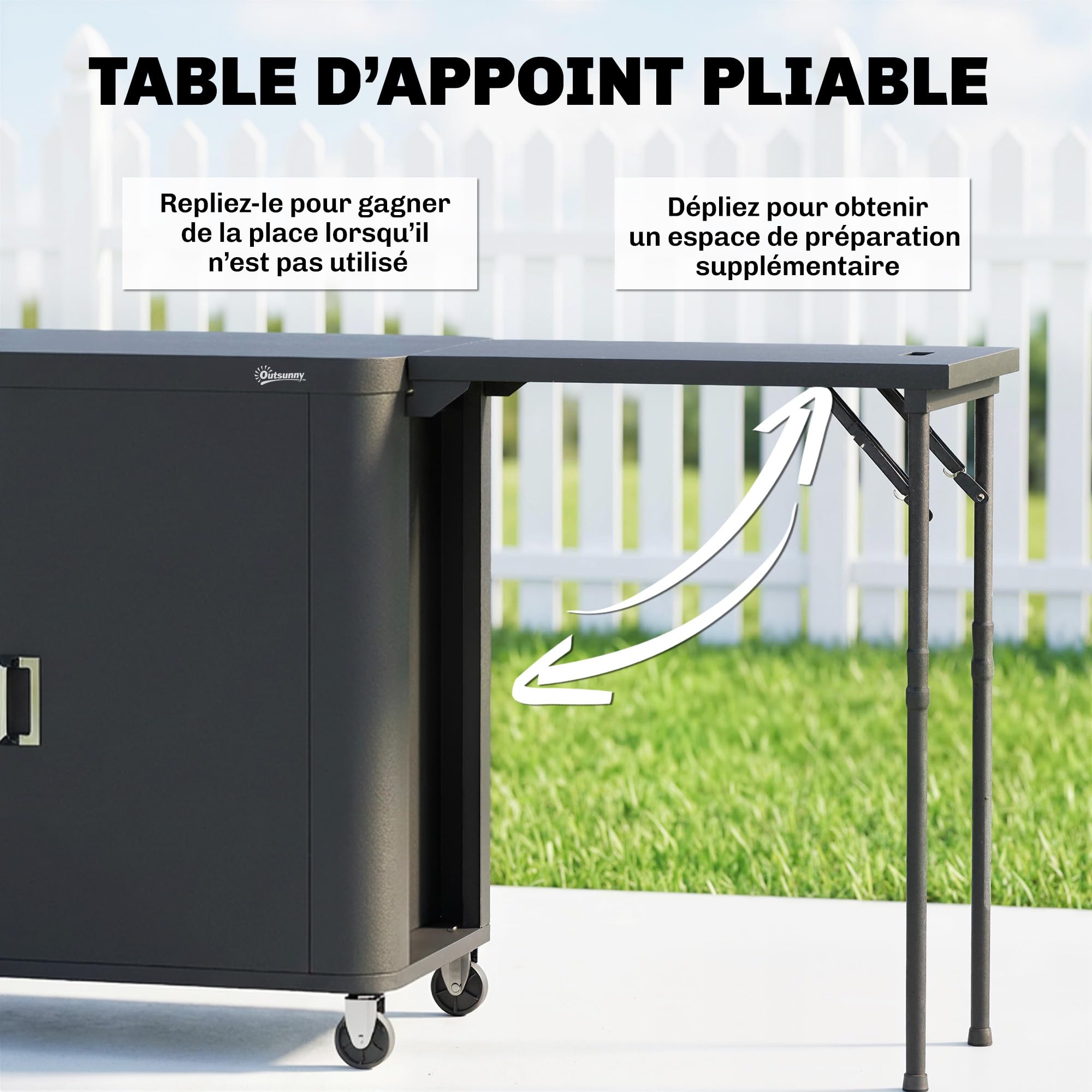 Outsunny Desserte jardin chariot de barbecue sur roulettes îlot de cuisine avec table latérale pliable placard étagères ouvertes porte-papier support sacs poubelle trois crochets 166 x 54 x 88 cm noir