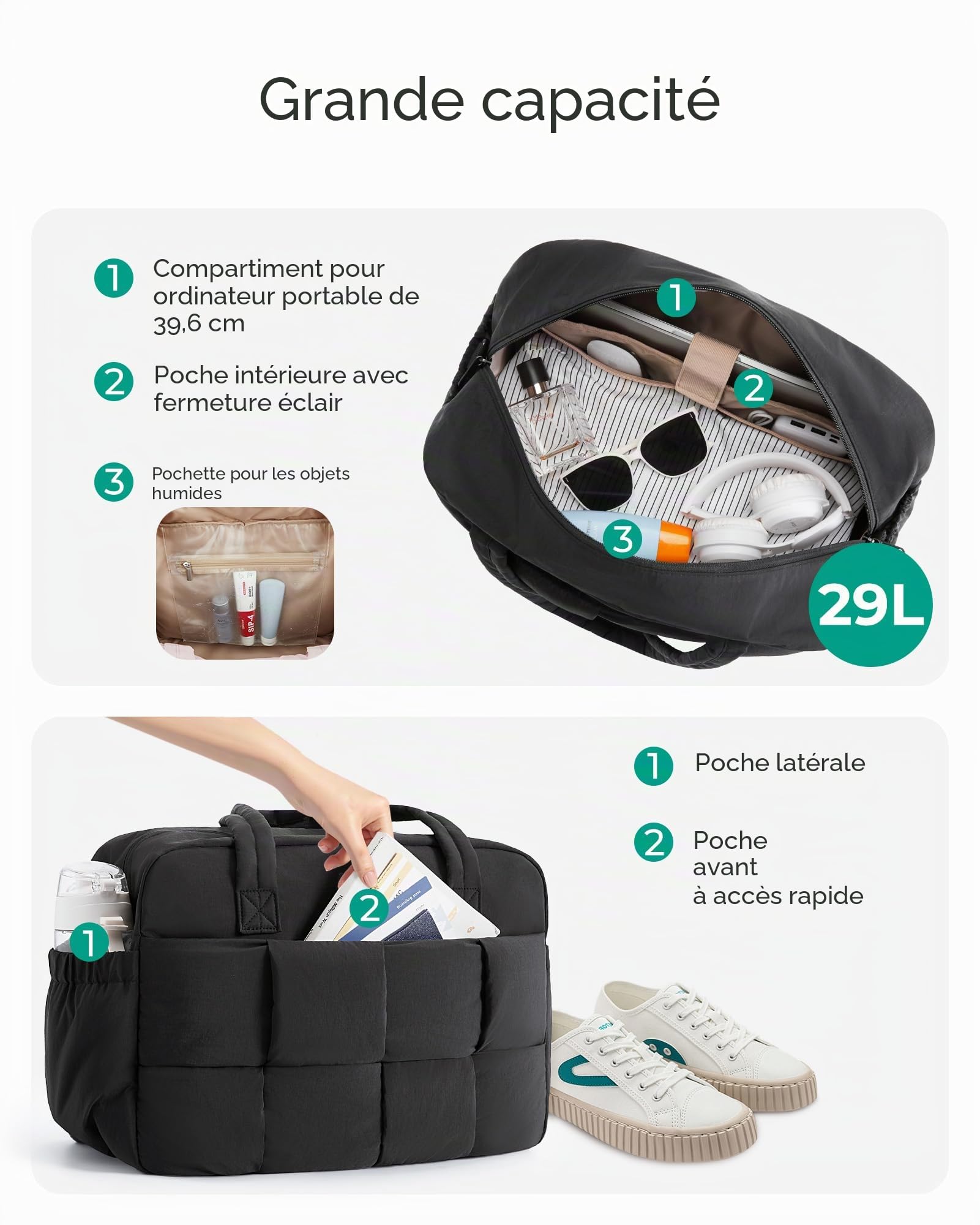 BAGSMART Sac de Voyage 42x19x30 pour Easyjet,29L Bagage Cabine,Sac de Weekend Imperméable pour Avion,Sport,Gym,Léger Voyage avec Compartiment Humide en PVC,Noir