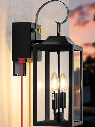 19" Outdoor Porch Lights with GFCI Outlet, Dusk to Dawn Outdoor Lighting | Outdoor Wall Lanterns with GFCI Outlet Built-in, Waterproof Exterior Lighting Fixtures for Front Door Garage, 1-Pack, Black