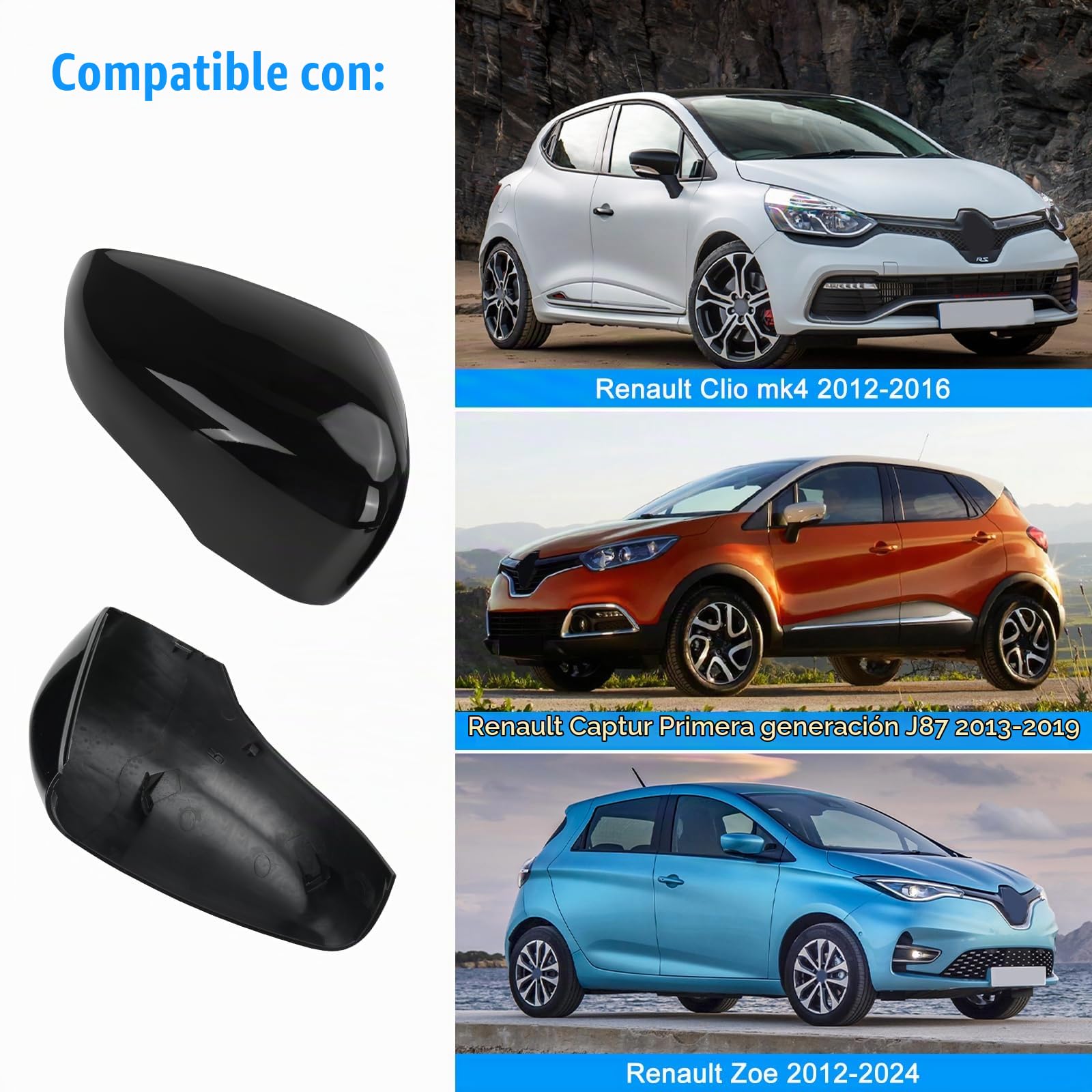 Tapa de la Cubierta del Espejo Compatible con Renault Clio 4 2012-2016, Capture First Generation J87 2013-2019, Zoe 2012-2024, Tapa de Espejo Retrovisor Tapas 963732631R 963732631 - Negro