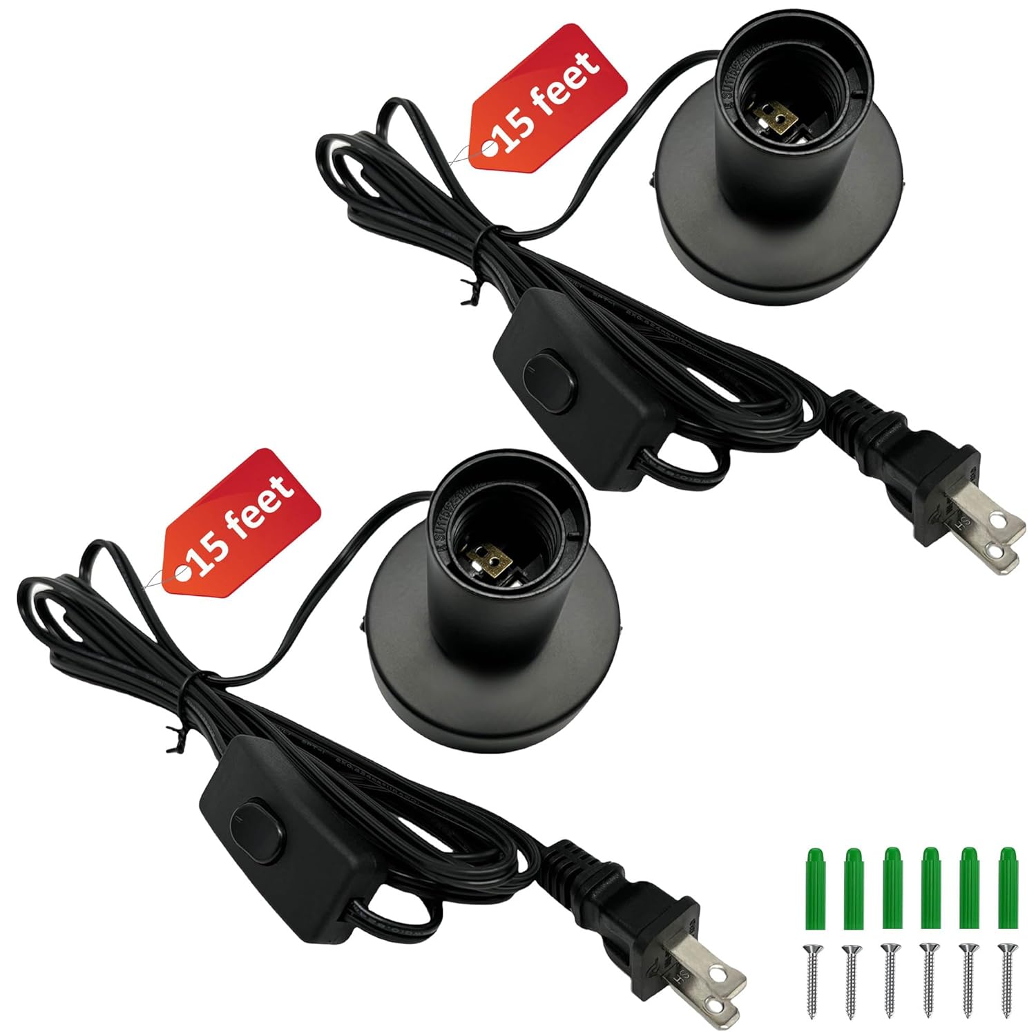 Black Metal E26/E27 Screw Light Socket with 15FT Extension Cord, Hanging Light Cord for Garage,80MM Small Table Lamp Base Ceiling Bulb Holder, On/Off Switch US Plug in Wire (2 Pack)