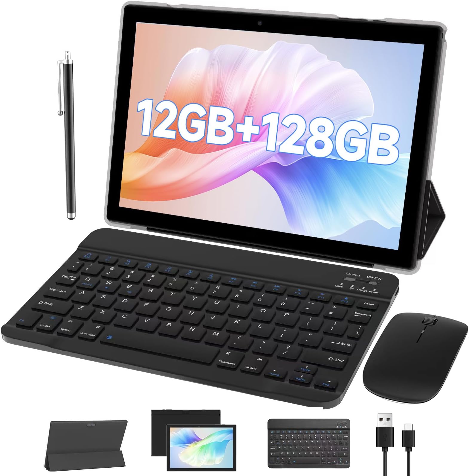 Android Tablet with Keyboard protect Case Mouse Stylus 10 Inch Tablet 2 in 1 Tablets Set 12GB+128GB/1TB Expandable Dual camera Tablets PC 10.1" HD Screen 6000mAh Battery 5G Wifi WiFi6 BT5.0 Tableta
