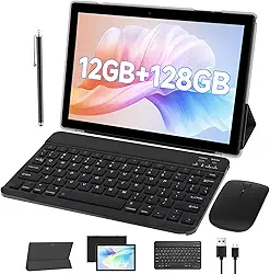 Tablet Android com capa protetora de teclado, mouse Stylus de 10 polegadas, conjunto de tablets 2 em 1, 12 GB + 128 GB/1 TB, câmera dupla, expansível, PC, tela HD de 10,1 polegadas, 6000 mAh, bateria