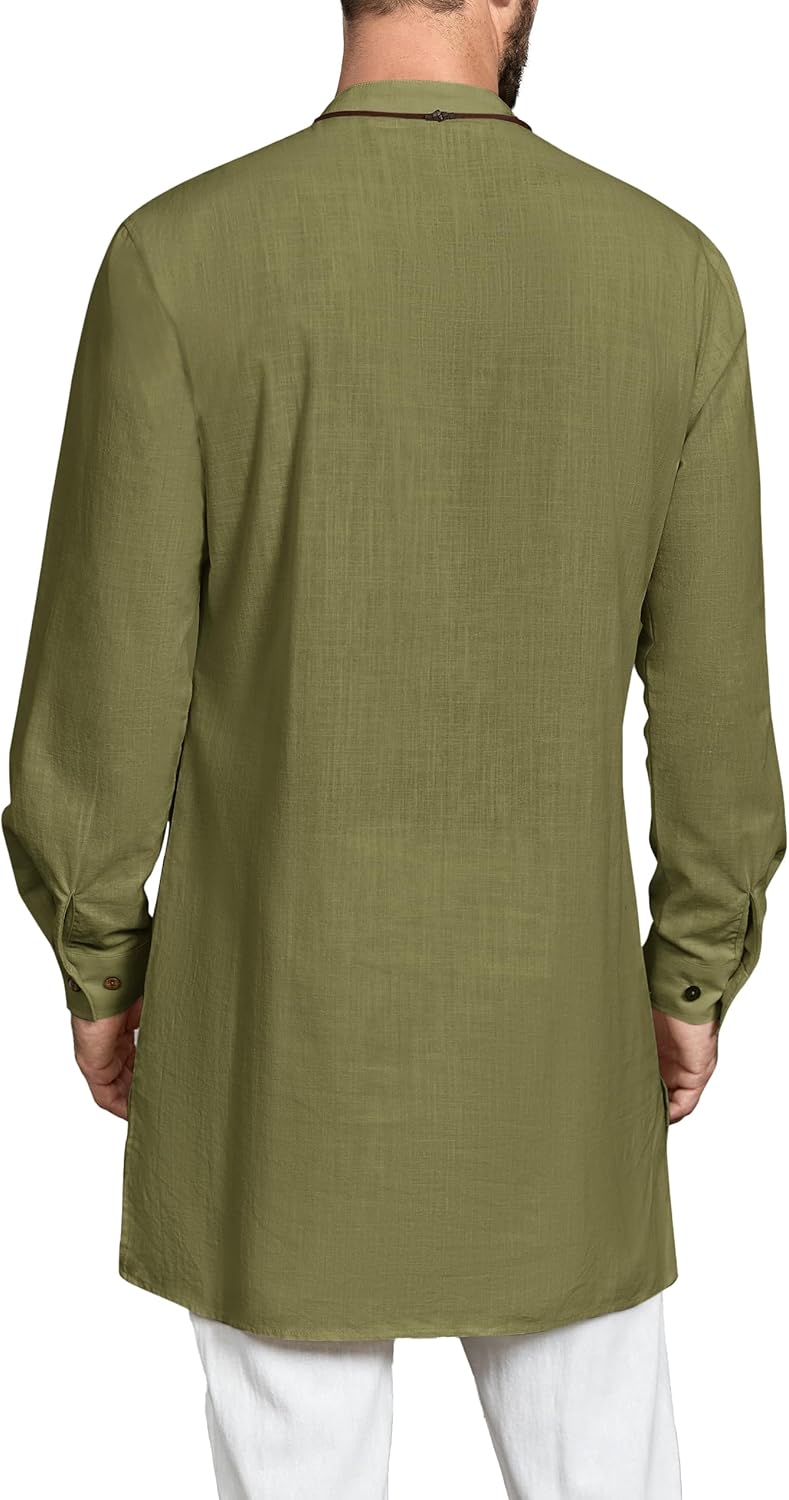 Gafeng Mens Kaftan Thobe Long Sleeve Robe Gown Casual Cotton Linen Button Muslim Shirt - Image 2