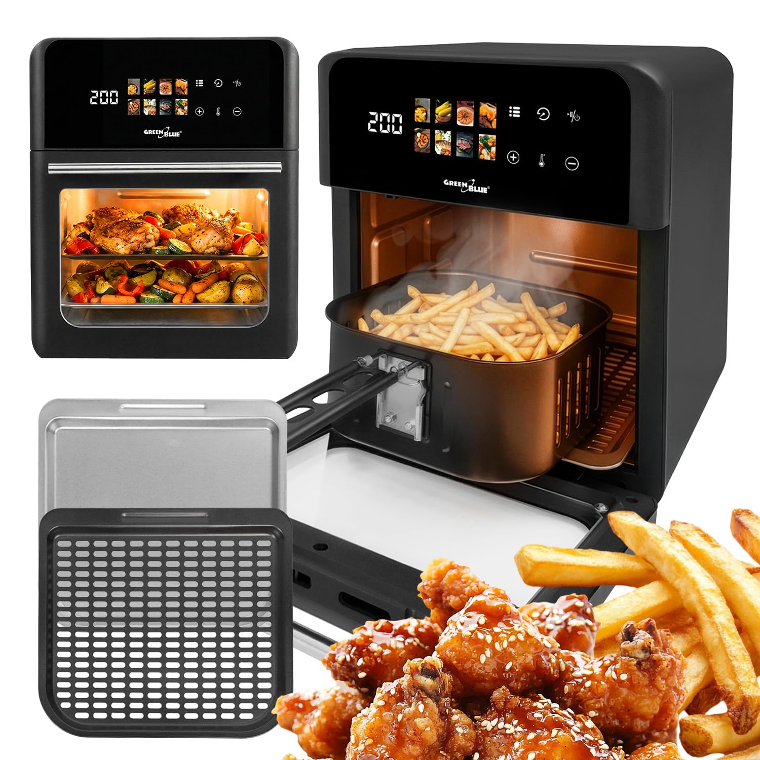 GreenBlue GB950 Freidora sin aceite Air Fryer 10 L, 1800 W, ventana de visualización, 8 programas, 70-200 °C, temporizador de 60 min, panel táctil LED, accesorios: cesta y bandejas, color negro