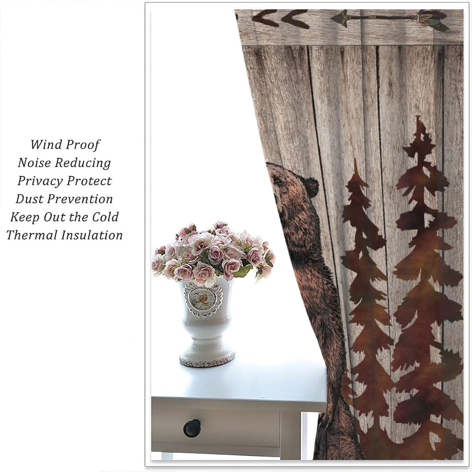 Brown Bear Curtains, Farmhouse Rustic Wooden Board Forest Wild Animal Retro Style Blackout Rod Pocket Window Drapes for Living Room Bedroom Kitchen Bathroom Decor W63xL63in
