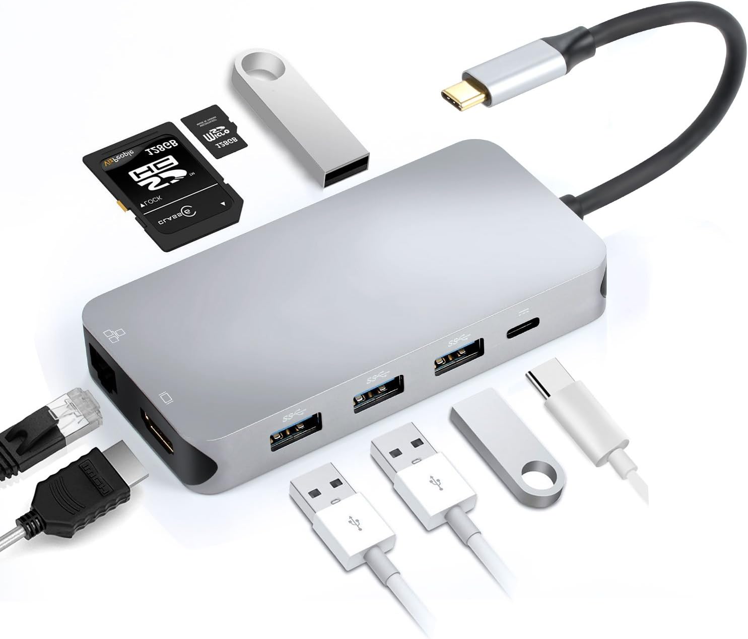 9 in 1 USB C hub to HDMI & RJ45, Thunderbolt 3, USB-C Power Delivery, SD and Micro SD/TF Card Reader, 4 USB 3.0 Ports
