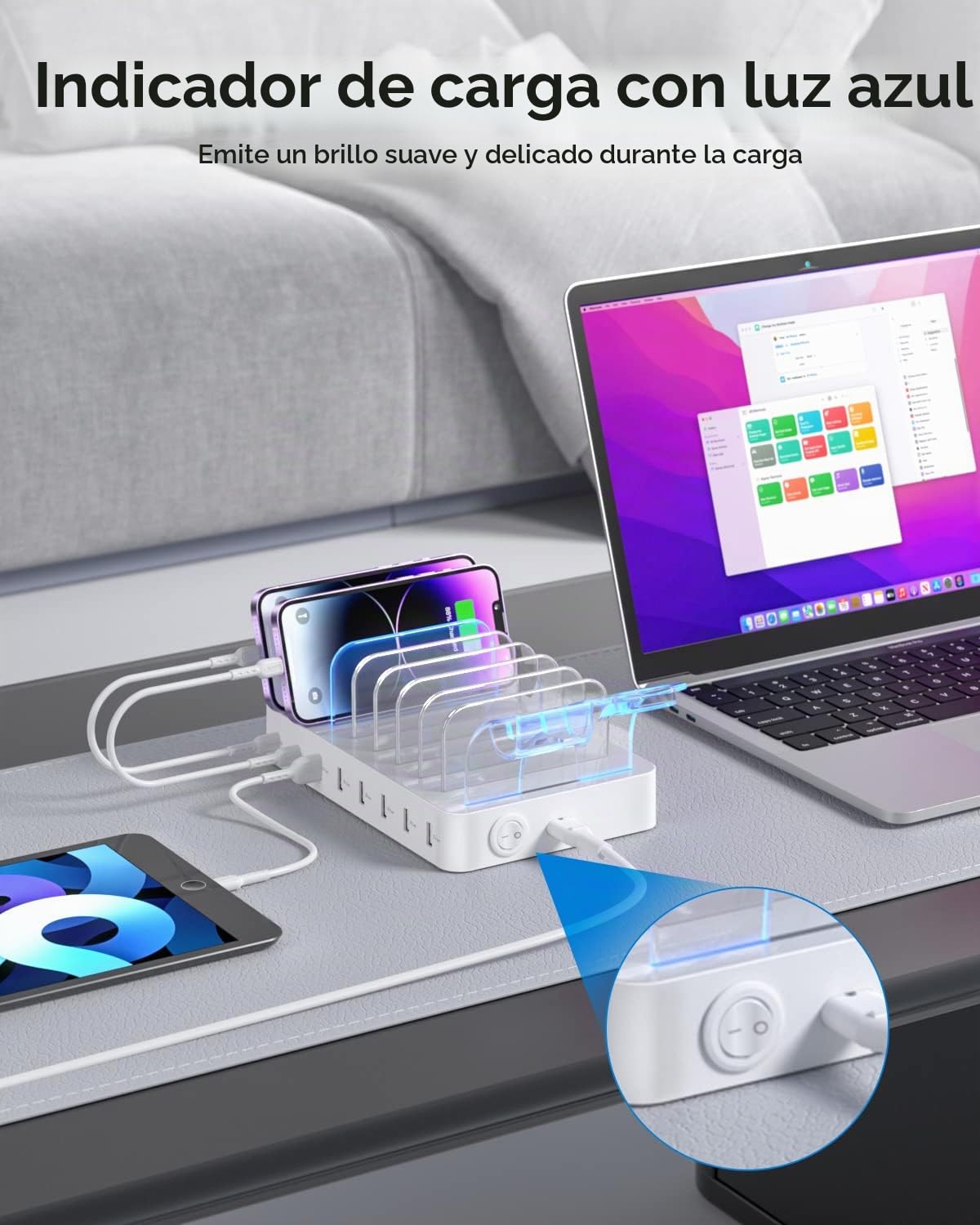 SooPii Estación de Carga USB C, estación de Carga para computadora portátil de 7 Puertos y 70 W con un Puerto de Suministro de energía de 30W