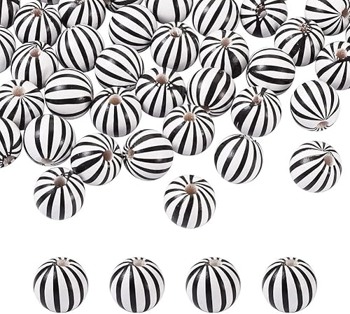 50 cuentas redondas con patrón de rayas de madera natural, tiras negras de madera blanca, agujero grande, cuentas de bola espaciadoras sueltas de