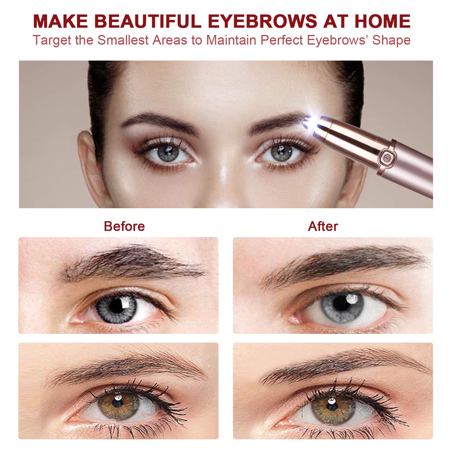 2020 VersionEyebrow Trimmer - Painless Eyebrow Hair Remover Portable Eyeborw Razor Shaver with LED Light & Eyebrow Pencil for Women Lady (Rose Gold)