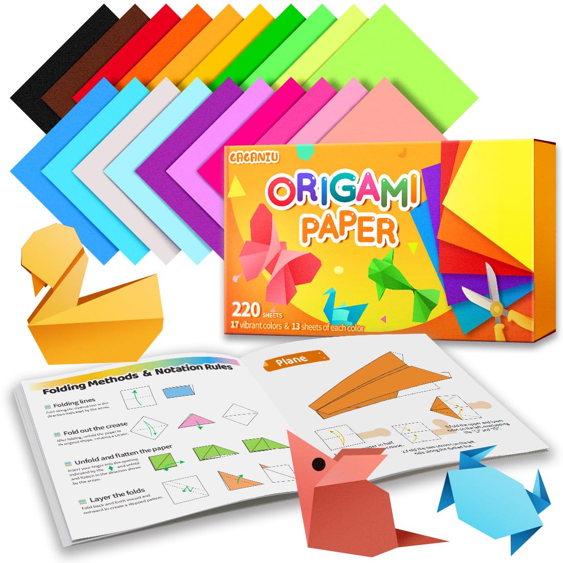 Origami Paper, Double Sided Color Origami Paper kit, 220 Sheets Multicolor Square Easy fold paper with Origami manual for Beginner, Paper & Paper Crafts DIY Projects(6x6inch)