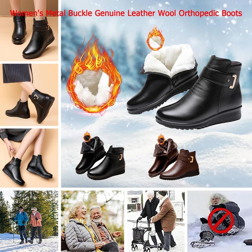 Women's Genuine Leather Wool Orthopedic Boots,Brown Leather Orthopedic Boots Wool Lined Winter Boots with Zipper - Image 3