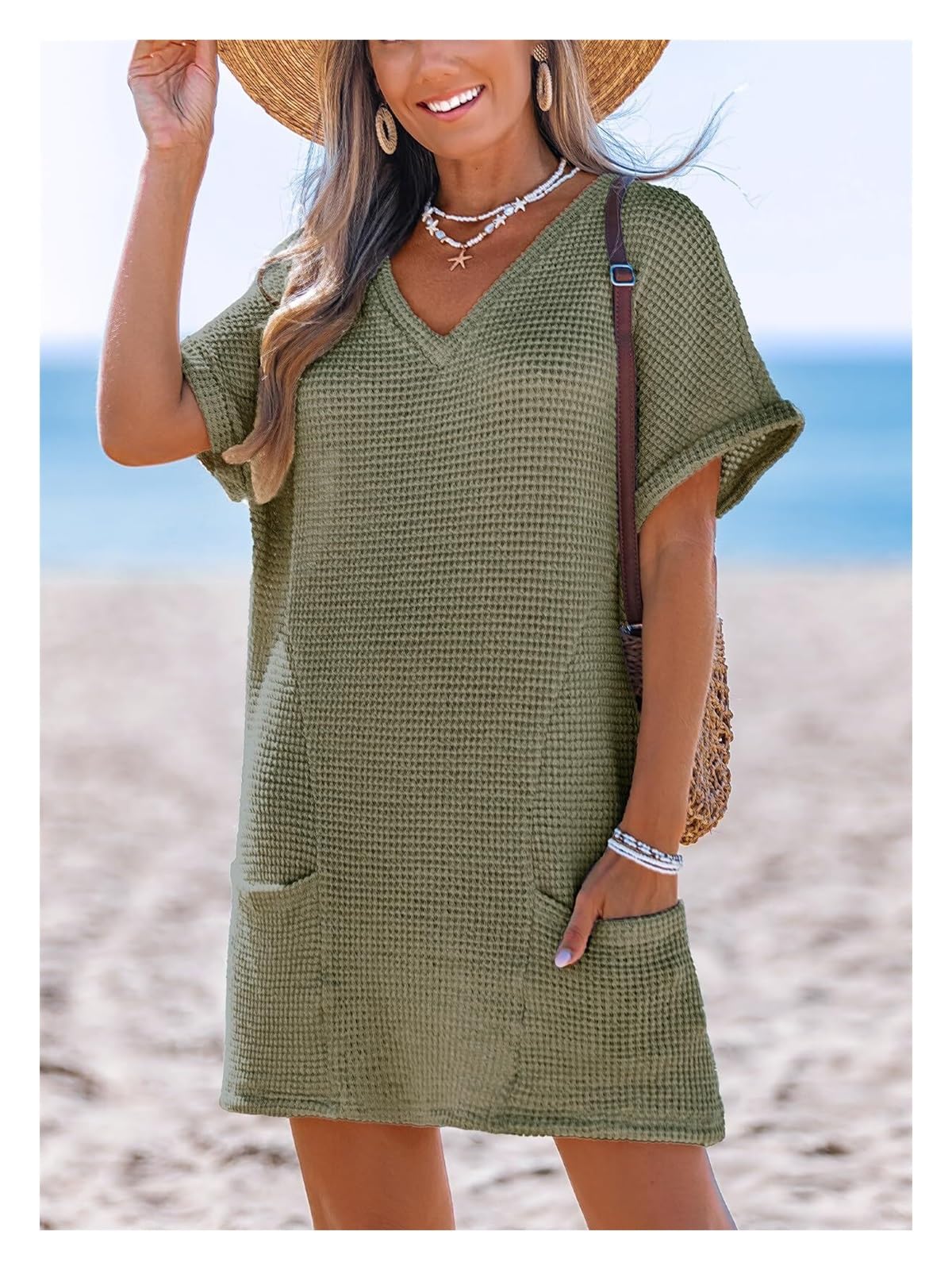 Damen Bikini Cover Up Strandkleid Waffelstrick V-Ausschnitt Kurzarm Sommerkleid Strand Urlaub Strandponcho Minikleid Mit Taschen