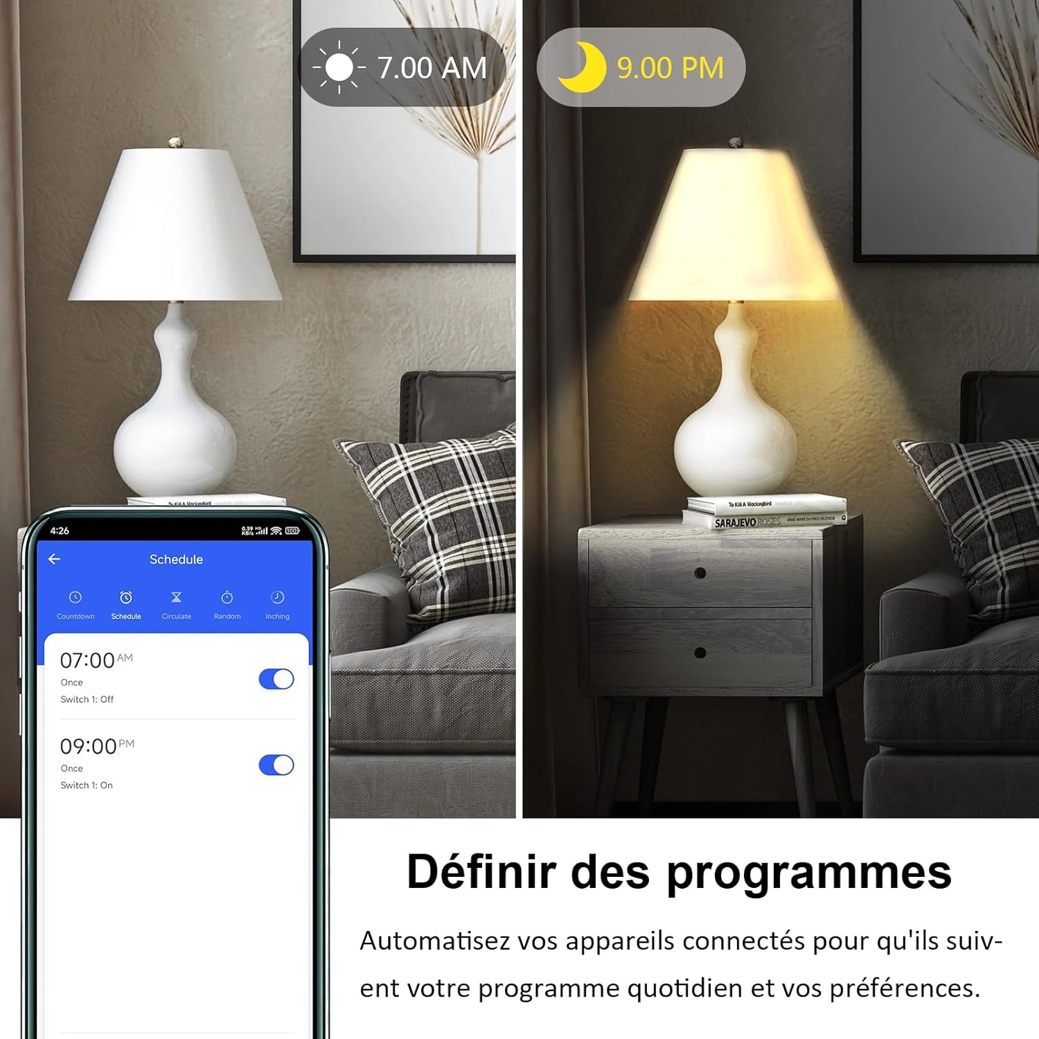 Smartphone displaying the Smart Life/Tuya app's scheduling feature, showing a light turning off at 7:00 AM and on at 9:00 PM.
