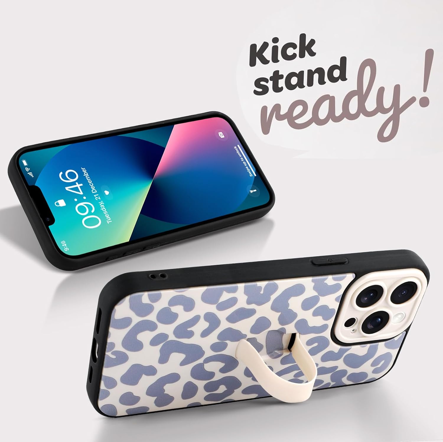 Compatible with iPhone 13 Pro Case with Finger Hand Strap Kickstand, Trendy Cool Leopard Cheetah Print Phone Case for Women Men, Full Camera Protection Shockproof Protective Cover, White - Image 4