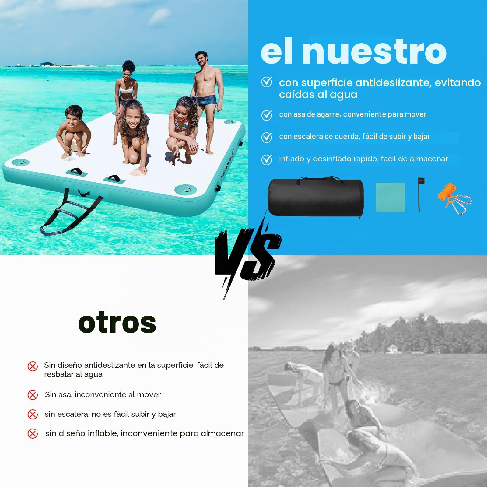 Muelle Flotante Inflable Plataforma de Muelle Inflable con Escalera Desmontable, Bomba y Bolsa de Transporte, Isla Flotante Colchoneta para Piscina, Playa, Lago, Océano
